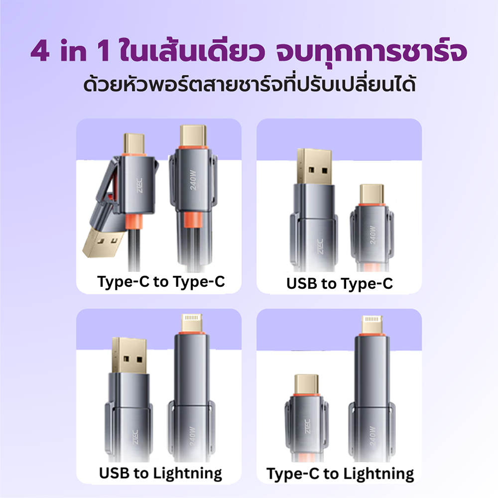 สายชาร์จไนลอนถัก ZTEC ZM421 4-IN-1 รองรับชาร์จเร็ว 240W (สลับเปลี่ยนหัวได้)_3